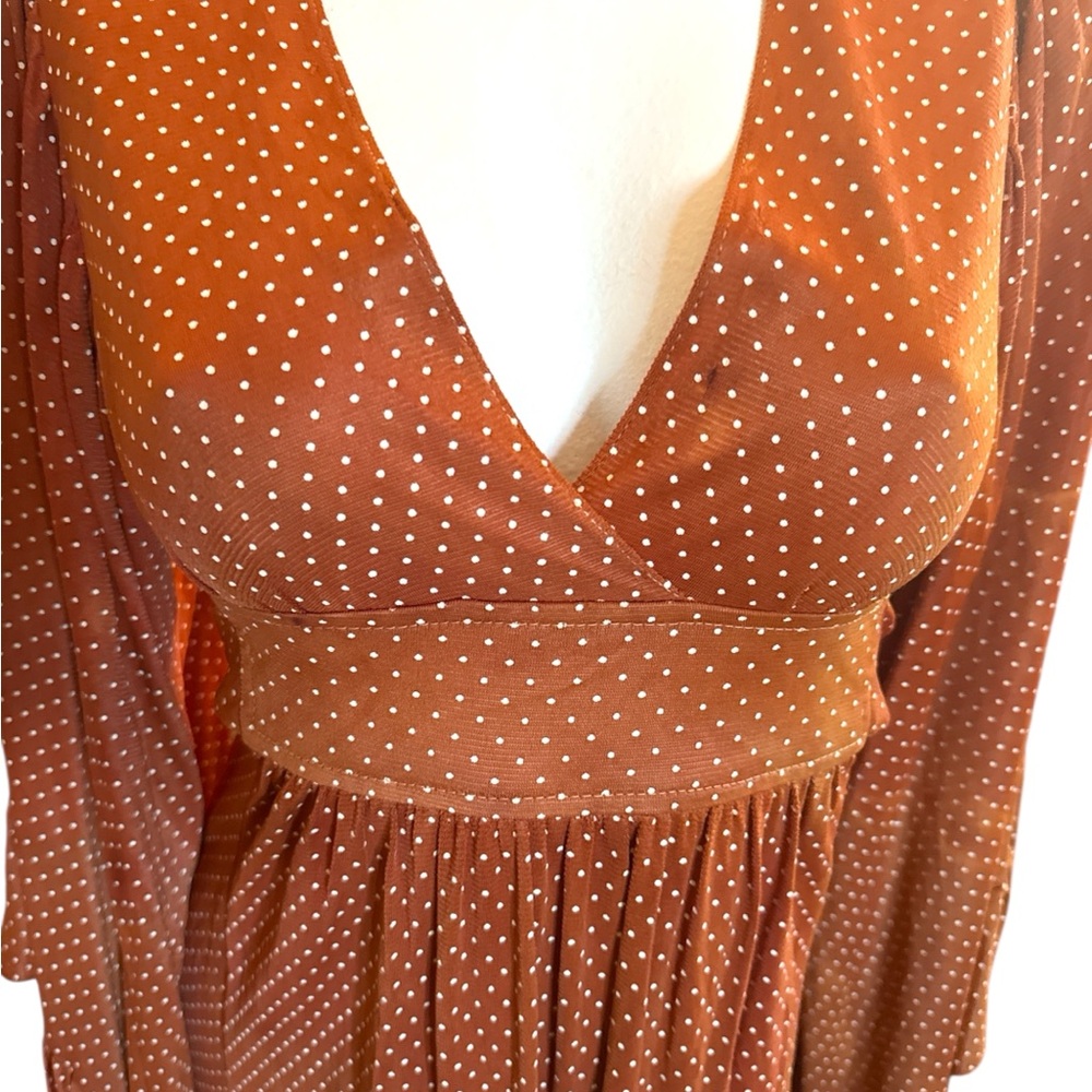 Unique Vintage 1970s Rust Polka Dot Long Sleeve Dress - Picture 2 of 6